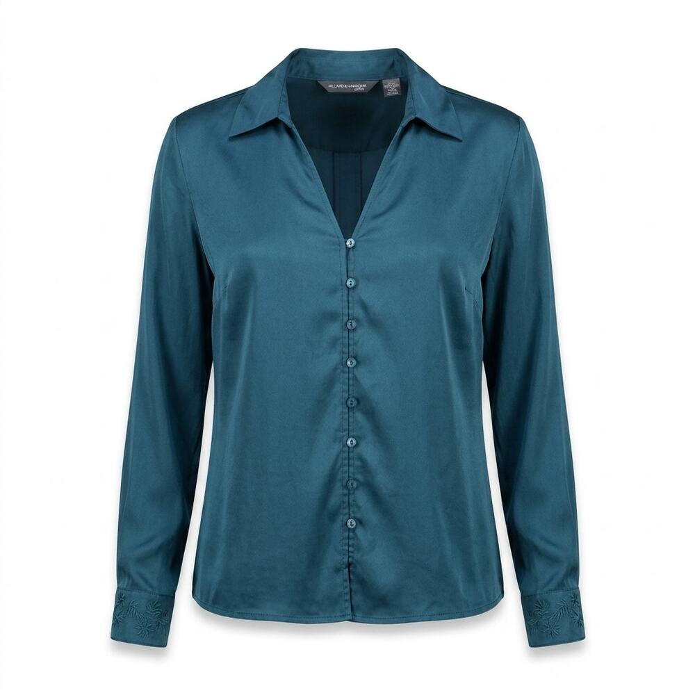 Hillard & Hanson 100% Silk Blue V-Neck Satin Blouse Women Petite Size PM